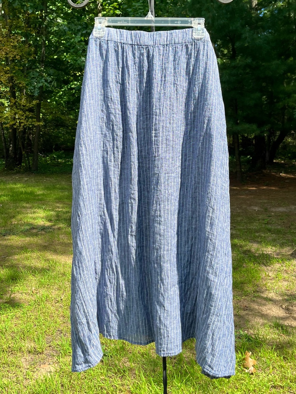 Eileen Fisher Puckered Organic Linen Pocket Skirt Ocean Blue Pinstripe Size 3X